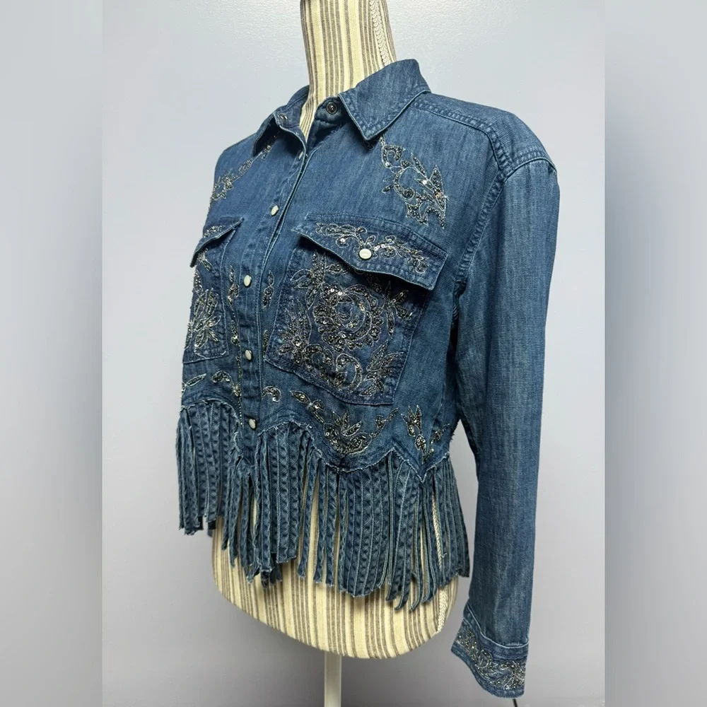 NWT Pilcro Denim Silver embellished Collar Button Down fringe bottom Shirt XXS - Picture 5 of 16
